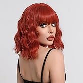 LOSMOEER Red Wig with Bangs Short Wavy Wigs for Women Shoulder Length Curly Bob Wigs Heat Resistant Synthetic Wigs for Halloween Cosplay Daily Party Use