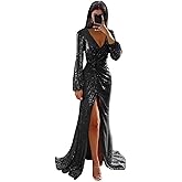 Monvelli Long Sleeve Sequin Prom Dress 2026 Mermaid V Neck Pleats Formal Evening Gowns with Slit