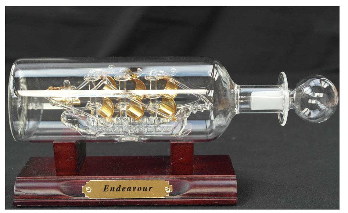 Detailed Gilded Model of HMS Endeavour in a Glass Bottle