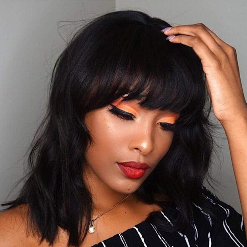 BLSWANER Short Wavy Bob Curly Wig With Air Bangs Women's Shoulder Length Synthetic Wigs Black Color For Women