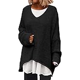 Saodimallsu Womens Oversized V Neck Sweaters Batwing Long Sleeve Knit Fall Slouchy Pullover Sweater Tops