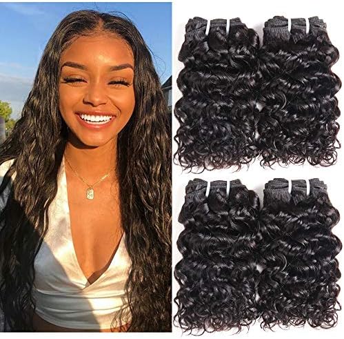 HUA Malaysian Water Wave Hair 4 Bundles Wave Wet & Wavy Bundle Deals Human Hair Weave Extensions Virgin Hair Bundles Malaysian Water Curly Hair Natural Black 50g/pc（10 10 10 10）