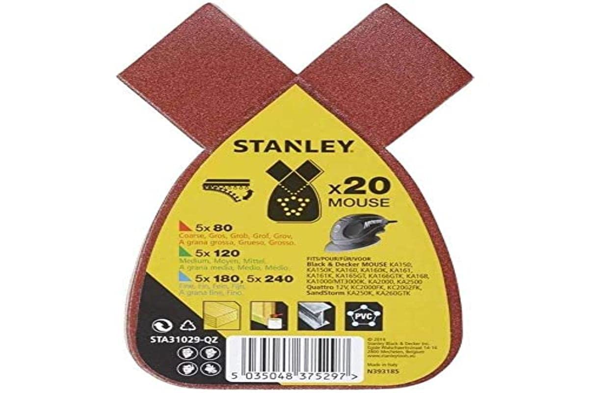 STANLEY STA31029-QZ Quick Fit Sanding Sheets for Black+Decker Mouse, Assorted Grit, Pack of 20