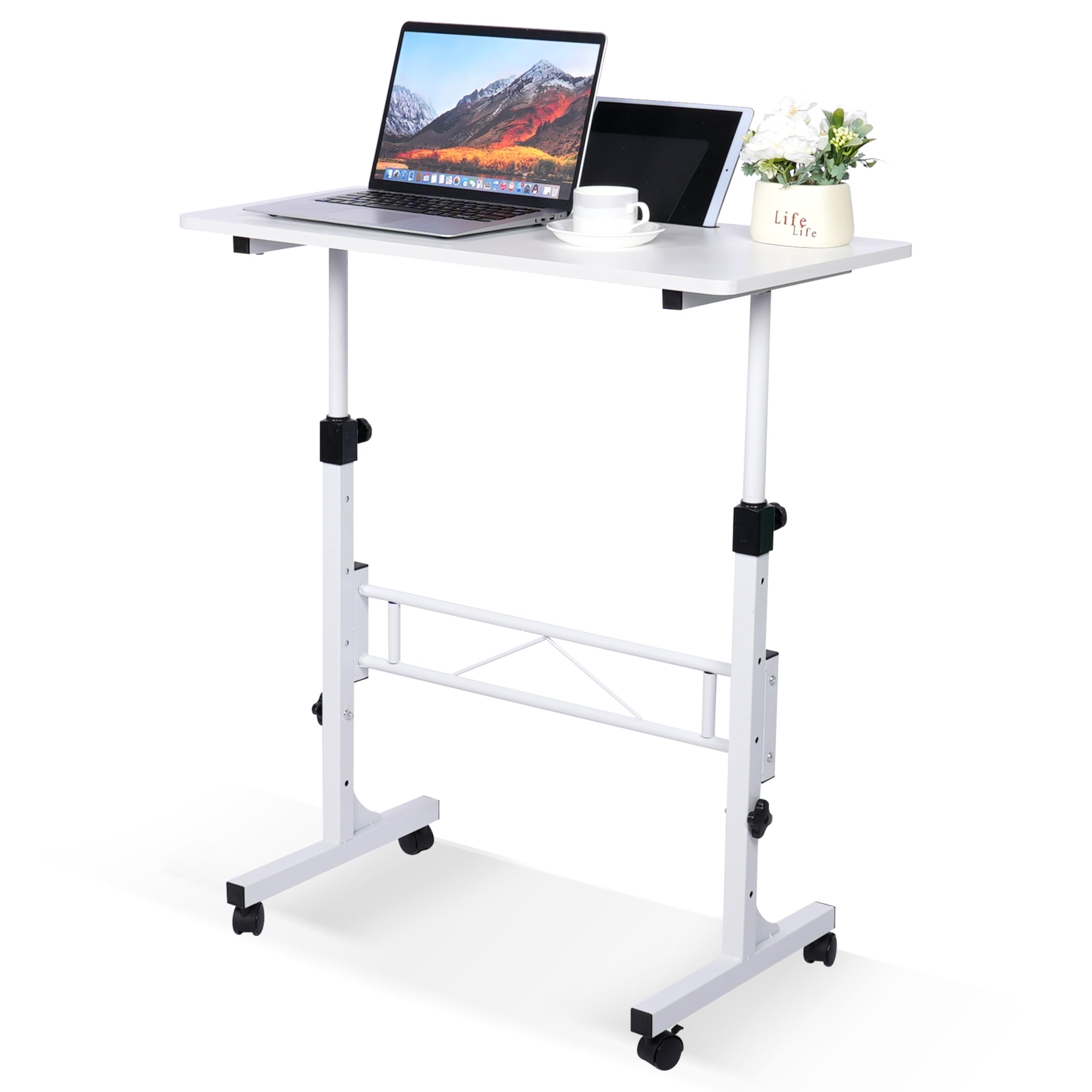 Photo 1 of KLSMYHOKI Standing Desk Adjustable Height, Mobile Stand Up Desk with Wheels Small Computer Desk Rolling Desks, Portable Laptop Desk White Standing Table Home Office Desks 16"x31.5" Height 27"-43.5"