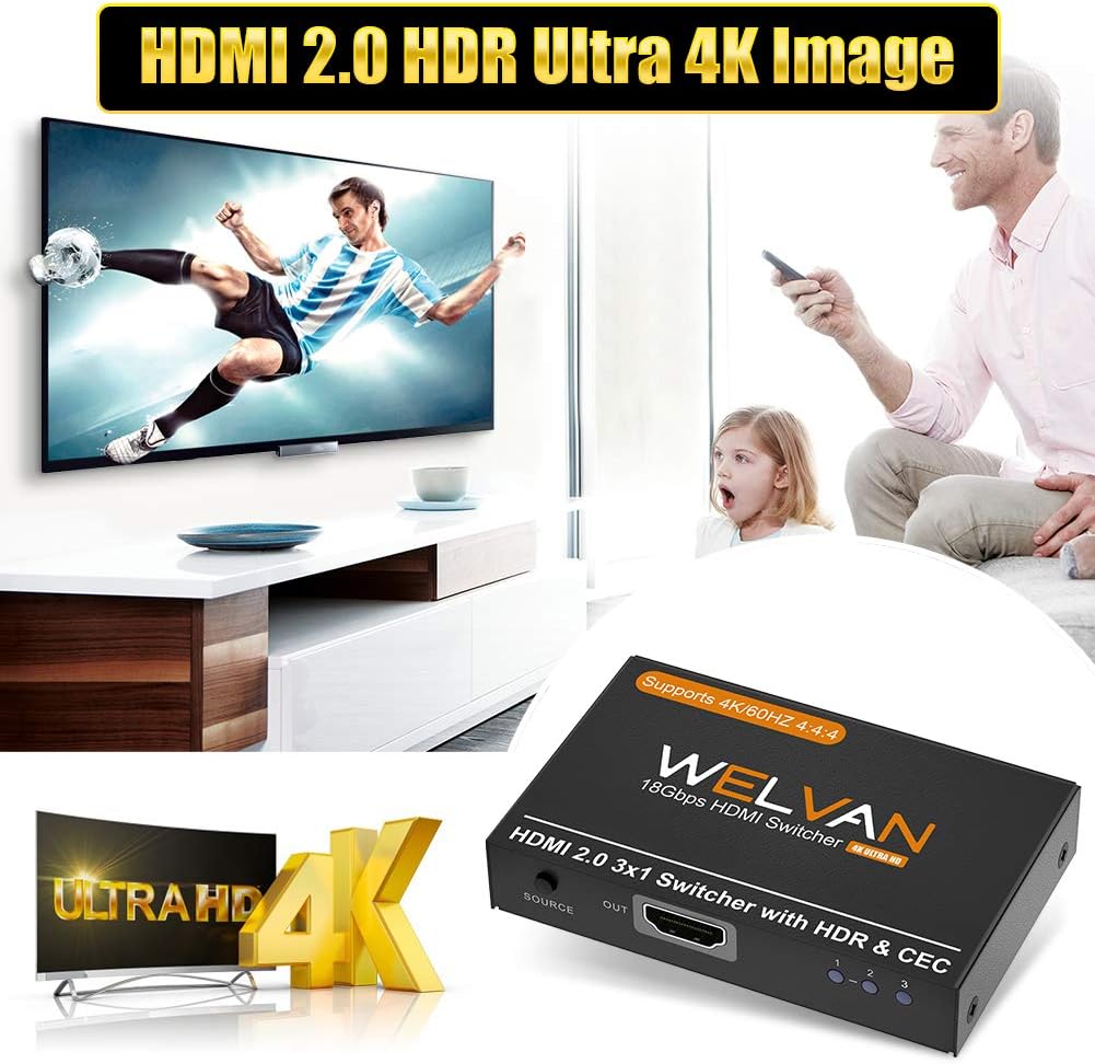 3x1 HDMI Switch HDMI 2.0 Switcher 4K 60Hz 3D HDR 3 in 1 Out HDMI Selector Box HDMI Splitter HDMI Adapter for TV 3 Port HDMI Hub Converter for Xbox PS4pro Roku HDTV: Electronics