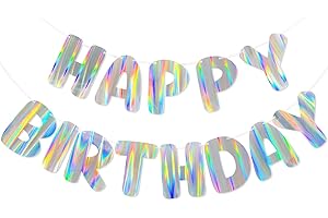 MERRIVO Iridescent Happy Birthday Banner, 9ft Pre-Strung Holographic Birthday Decorations Vibrant Party Sign with Aurora, Rainbow Effects