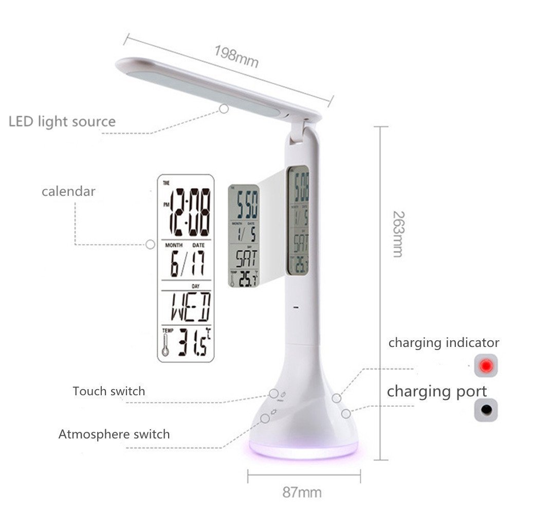 Desk Lamp Foldable 3 Levels Dimmable, , Rechargeable Folding Book Light Lamp Touch Control Dimmable Bedside & Table Lamp with Calendar/ Alarm Clock/ Temperature, USB Charge Eye-care for Reading, Relax and Sleep (White)