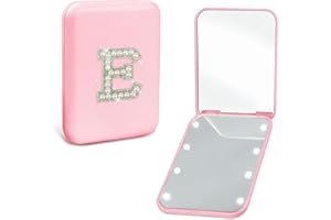 Aganmi Preppy Birthday Gifts for 6 7 8 9 10 11 12 13 Year Old Girls, Cute Pearl Initial Compact Mirror with Lights Pink Small LED Pocket Makeup Mirror Teen Girls Trendy Stuff Travel Essentials (E)