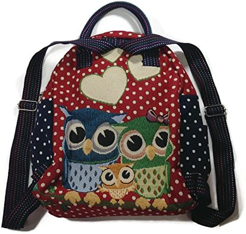 Knapsack Backpack Owl's Familiy With Hearts Zipper Handmade Fabric With Red Color Background