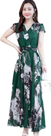 Amazon Co Jp Yunping サンドレス ワンピース スリム レディース ゆったり ハイウエスト 着痩せ プリント Aライン 通勤 ブイネック 春 夏 秋 ロングスカート シフォン 服 ファッション小物