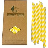 Yellow White Striped Paper Straws, Pack of 100 Disposable Yellow Lemon Drinking Straw for Cockatil, Cake Pop Sticks, Candy Sticks, Anniversary, Birthday Party Supplies
