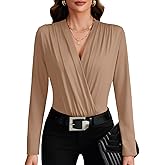 LYANER Women's Wraped V Neck Ruched Long Sleeve Leotard Bodysuit Top