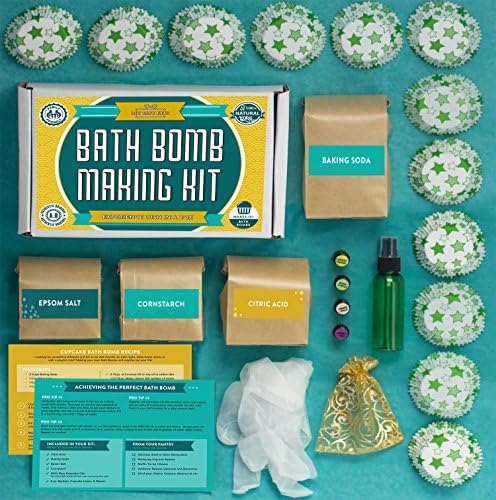 Bath Bomb Making Kit with 100% Pure Therapeutic Grade Essential Oils, (Makes 12 DIY Lush Cupcake Mold Bath Bombs), Gift Box Included.