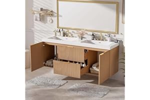 60 Inch Double Sink Bathroom Vanity - Wood Grain MDF Cabinet with Solid Wood Frame SMC Resin Top Wall-Mounted Vanity with Sof