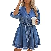 Womens Denim Dress Casual Jean Dress Loose Fit Slim Denim Dress Belt Denims Dresses for Women 2025 with Pocket