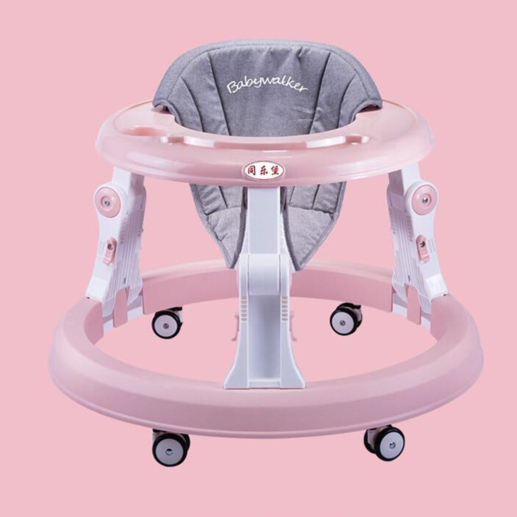 PP+ Cotton And Linen Rubber Universal Wheel Baby Walker Multifunction Foldable 7-18 Months Anti Rollover Five Gear Adjustable Cushion Child Can Sit Trolley 68*53cm (Color : 2)