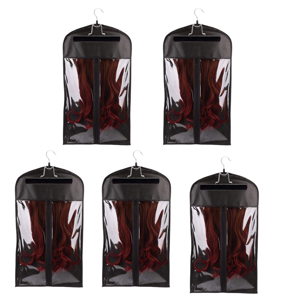 5 Pieces Portable Wig Storage Bag with Hanger, Dustproof & Practical, Hair Extensions Holder Case Organizer Protector Pouch (60x29cm,Black)