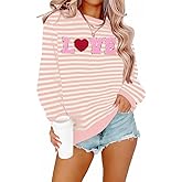 KIDDAD Valentine Sweatshirts for Women Love Heart Print Sweater Valentines Sequins Shirt Embroidered Striped Pullover