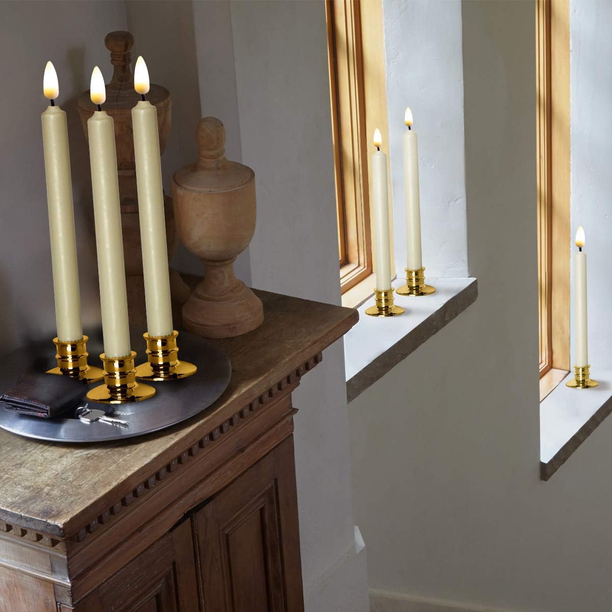 NONNO&ZGF Flameless Ivory Taper Window Candles with Removable Golden Candleholders with Remote and Timer, 10" Flickering Battery Operated Wax-Dipped LED Candles Set of 6: Home Improvement