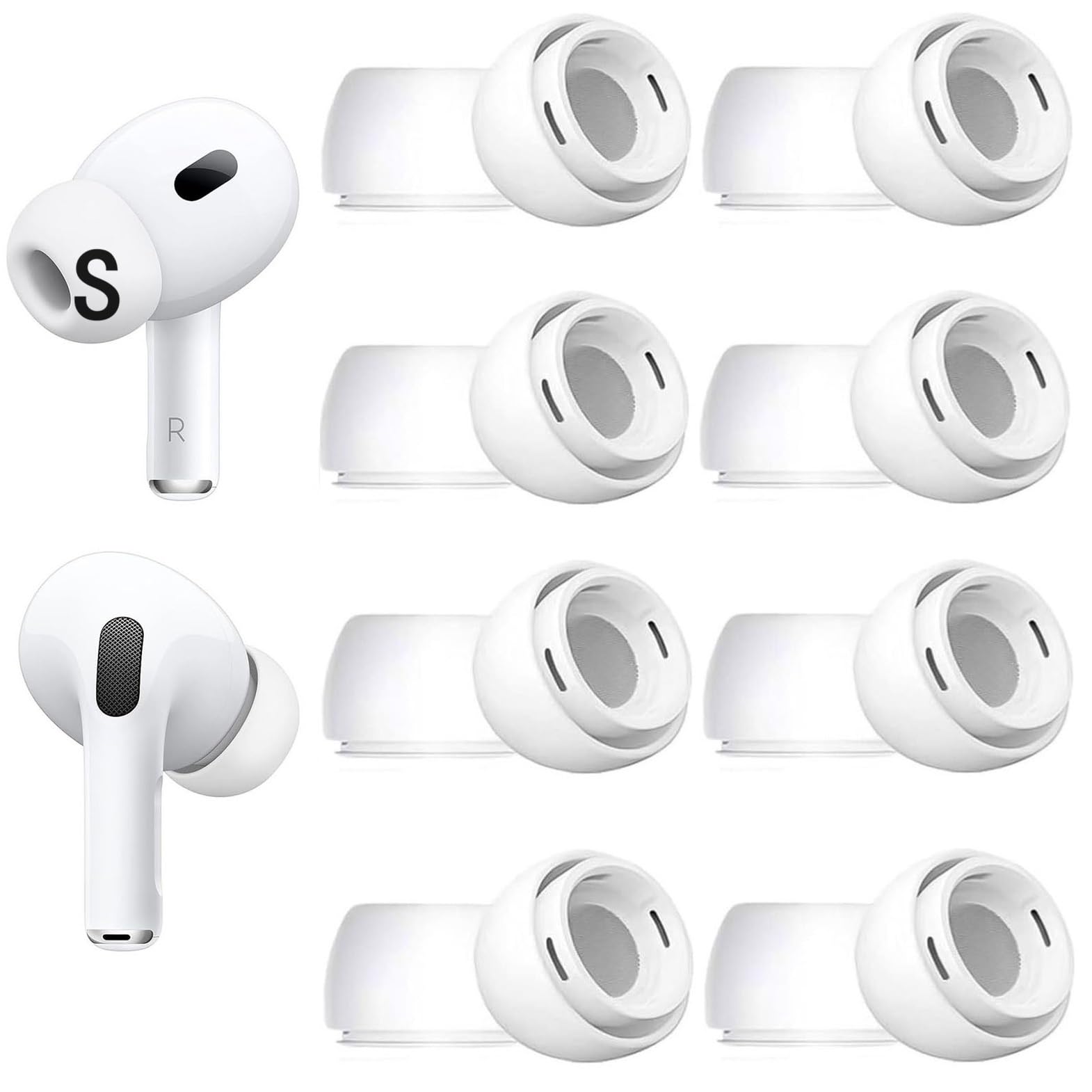 Photo 1 of 8 Sets Small Size Ear Tips Replacement for AirPods Pro 2nd / 1st Generation, with Noise Reduction Hole, Silicone Eartips Ear Cap 8 Pairs Compatible with AirPods Pro 2 /AirPod Pro 1, White S