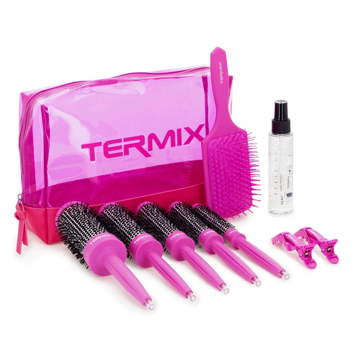 Termix Brushing Pack in 3 Steps Includes 5 Termix Hairbrushes, Serum For Split ends, Detangling Paddle Brush and 2 Hair Clips Pack designed to achieve ideal Brushing Pink Colour
