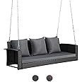 VINGLI Heavy Duty 800 LBS Wicker Hanging Porch Swing with Cushions & Chains, 5FT Outdoor Rattan Swing Bench for Garden, Yard, Lawn (Black)