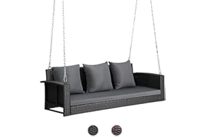 VINGLI Heavy Duty 800 LBS Wicker Hanging Porch Swing with Cushions & Chains, 5FT Outdoor Rattan Swing Bench for Garden, Yard, Lawn (Black)