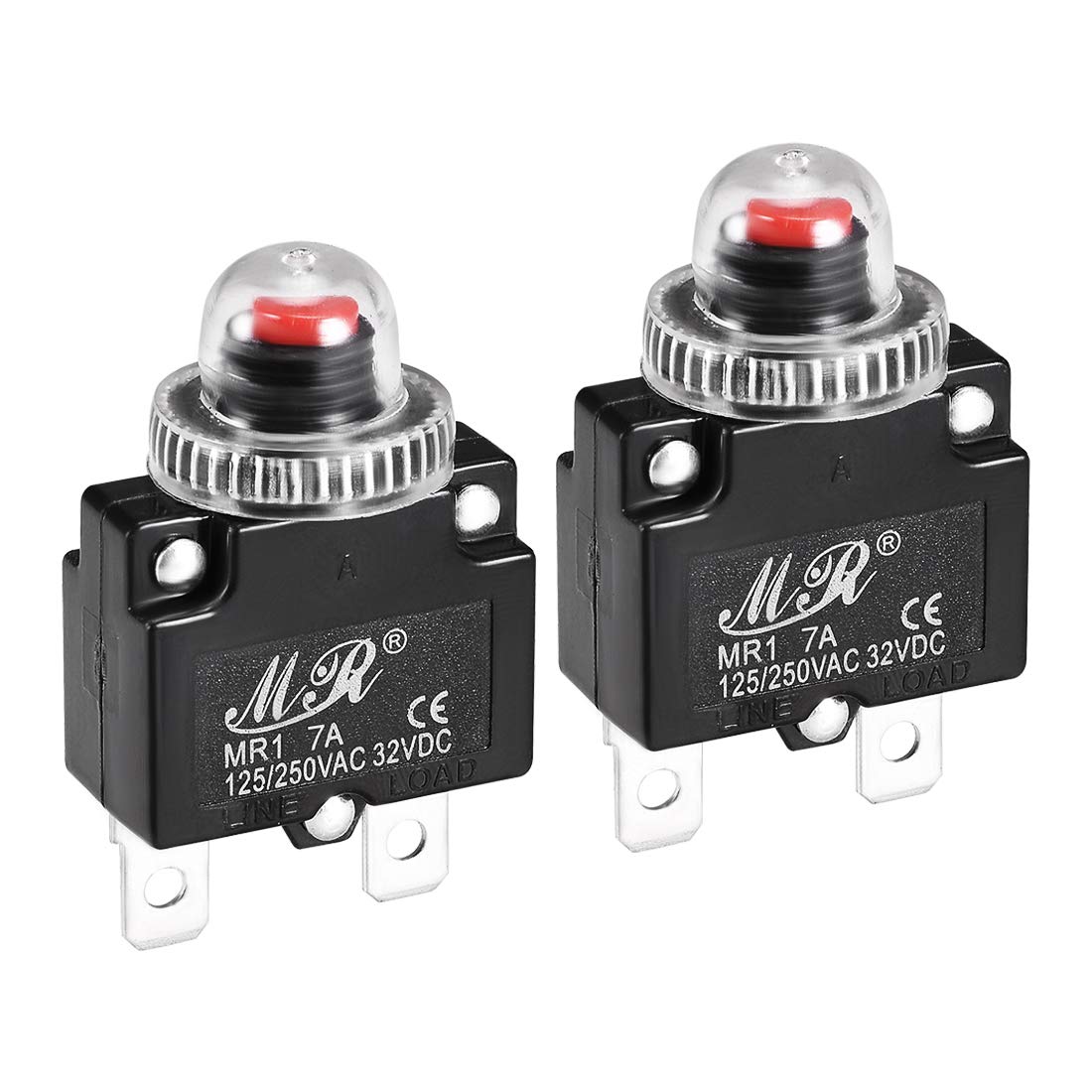 Sourcingmap Thermal Circuit Breakers 7A 125/250V AC 32V DC Push Button Reset Overload Protector Switch with Waterproof Cap 2 Pcs
