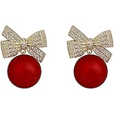 Pearl Bow Earrings Christmas Imitation Pearl Earrings Dainty Rhinestone Pearl Bow Drop Earrings for Women