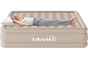 HikerSKY Queen Air Mattress with Built-in Pump, Air Bed with Portable Storage Bag, 18'' Blow up Mattress Suitable for Home and Guests, Top Flocking, 18" Queen Yellowish Brown