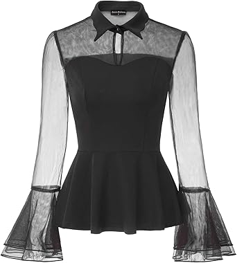 Women Goth Shirt Keyhole Mesh Bell 