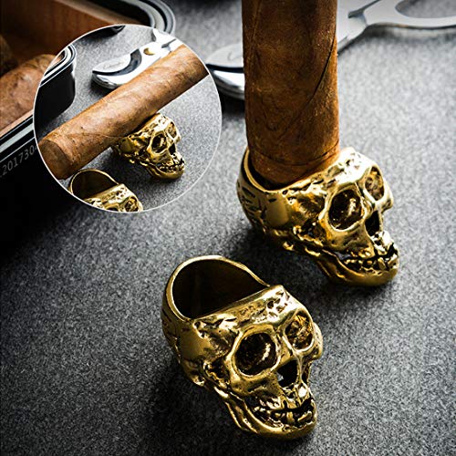 Skull Cigar Holder Stand, Skull Cigar Rings for Men, Smoking Accessories Cigar Tray Retro Skull Ring Cigar Accessories Home Desk Decoration (Gold)