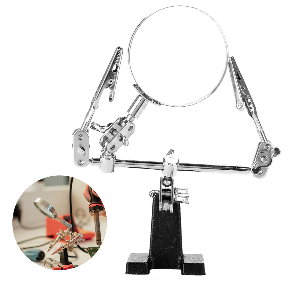 3rd hand magnifier station - 5X magnifier with two alligator clips, adjustable and rotatable - for jewelry, assembly, repair, modeling, hobbies and crafts