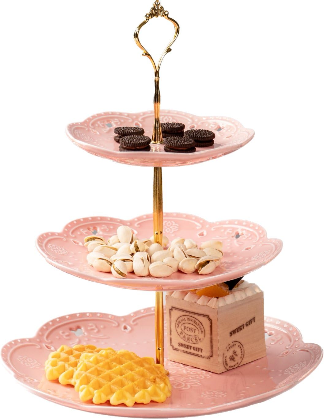 YBK Tech 3-Tier Porcelain Serving Stand, Cake Stand with Embossed Lace Pattern - (Pink, Gold rod)