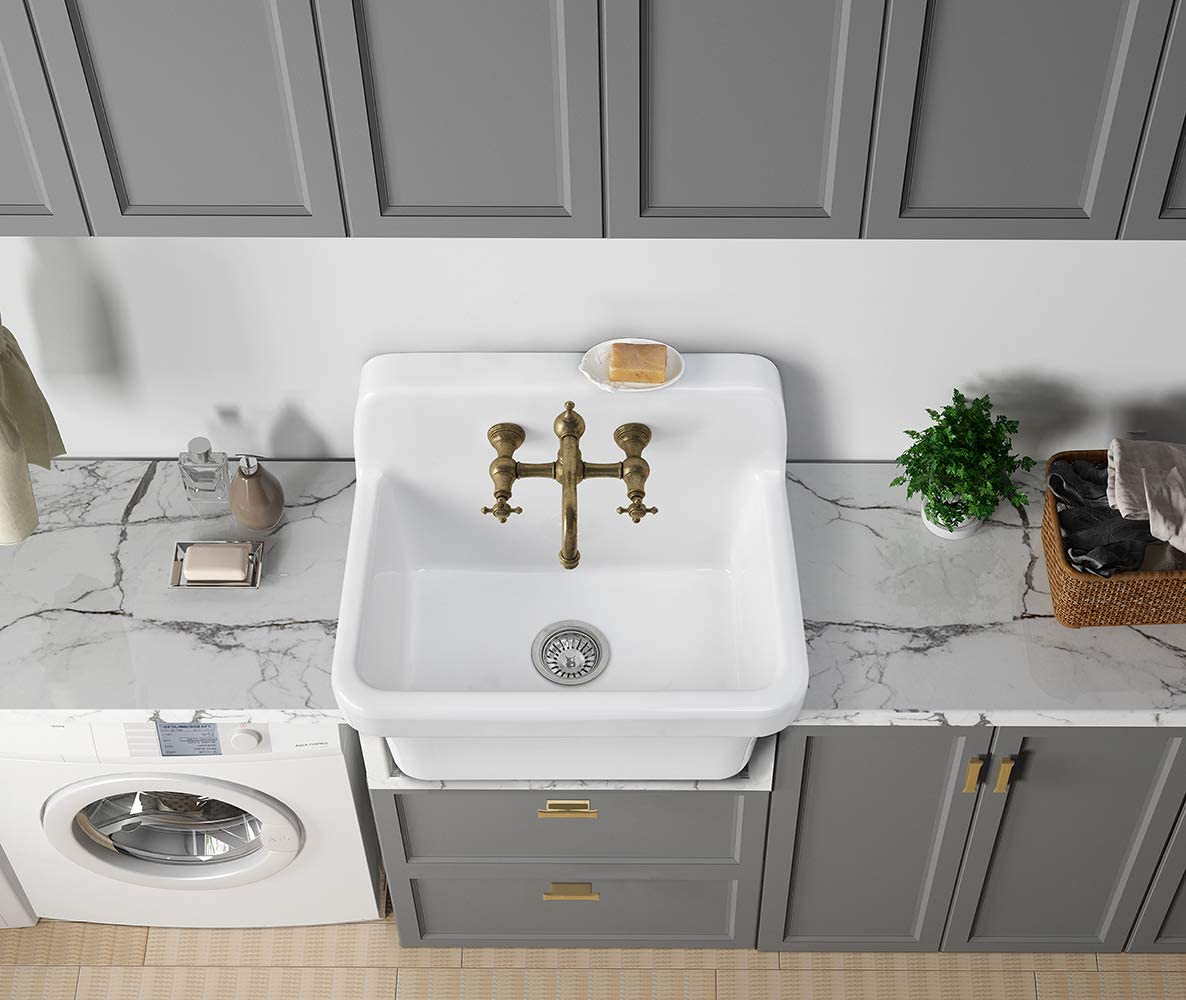ELLAI 24 Inch White Ceramic Farm Style Wall Mount Utility Sink High