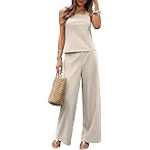 vinglam Women's 2 Piece Outfits Linen Palazzo Tank Top Pantsuits Wide Leg with Pockets Pants Sets