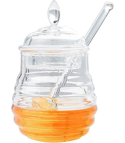 Tarro De Miel De Vidrio Con Cucharón Y Tapa De Madera Hermética - Dispensador Elegante