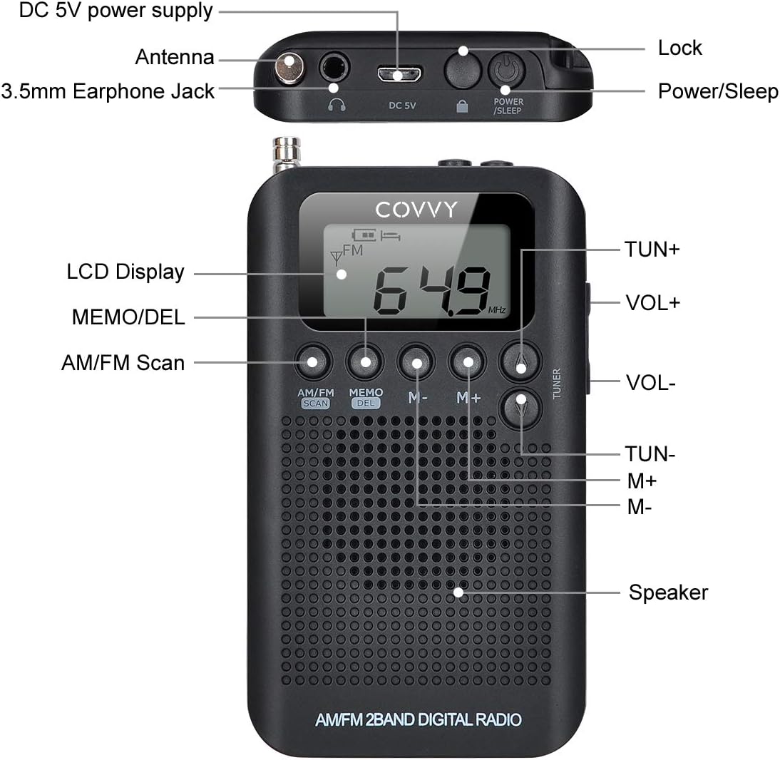 COVVY Digital 2 Band AM/FM Radio, 12/24H Time Display, Battery Operated Tuning Stereo Personal Radio with Earphone - Image 4