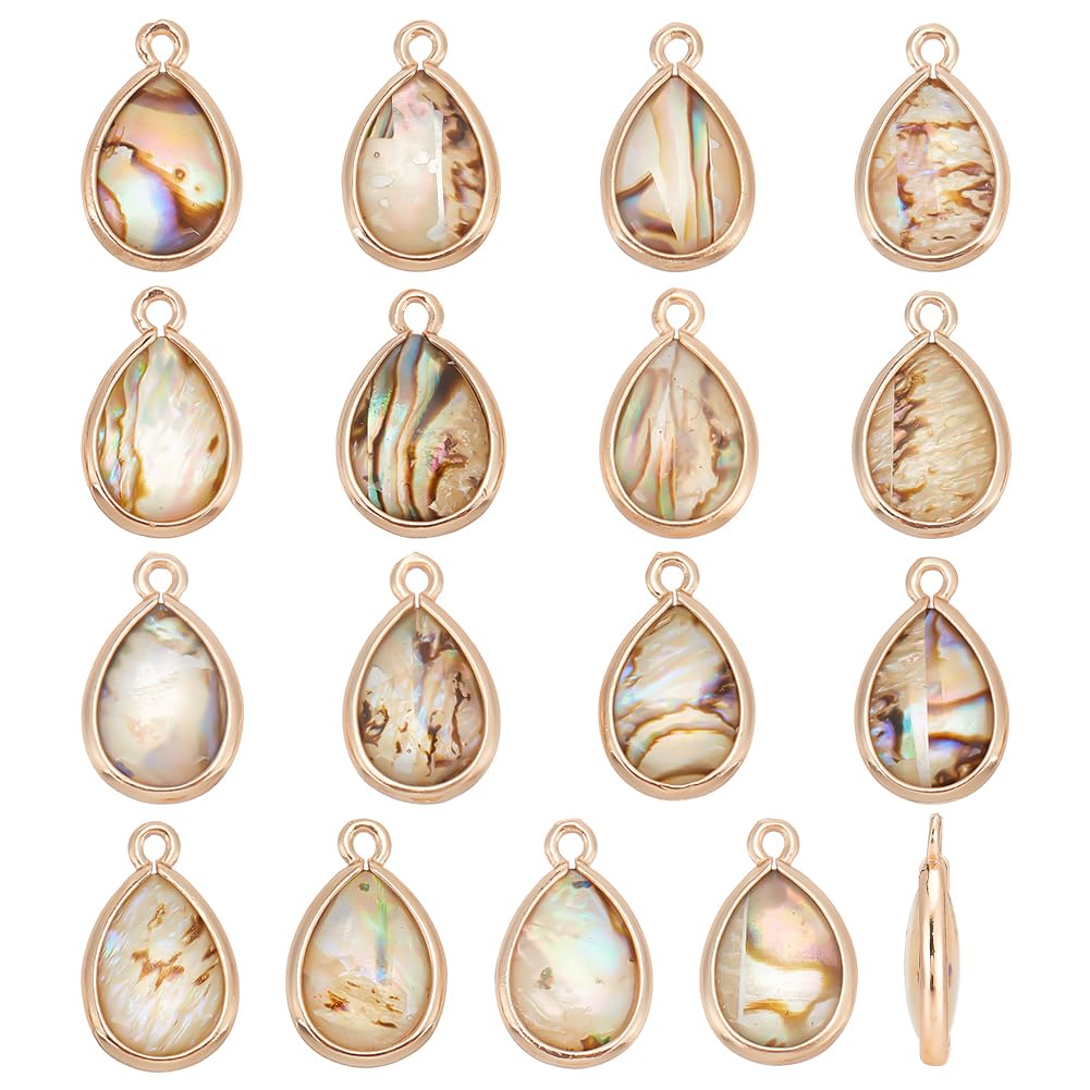 BENECREAT 16Pcs Abalone Shell Charms Natural Paua Shell Pendants Teardrop Abalone Jewelry Making with Brass Edging for Bracelet Earrings, DIY Jewelry Making, 16x10x3.5mm