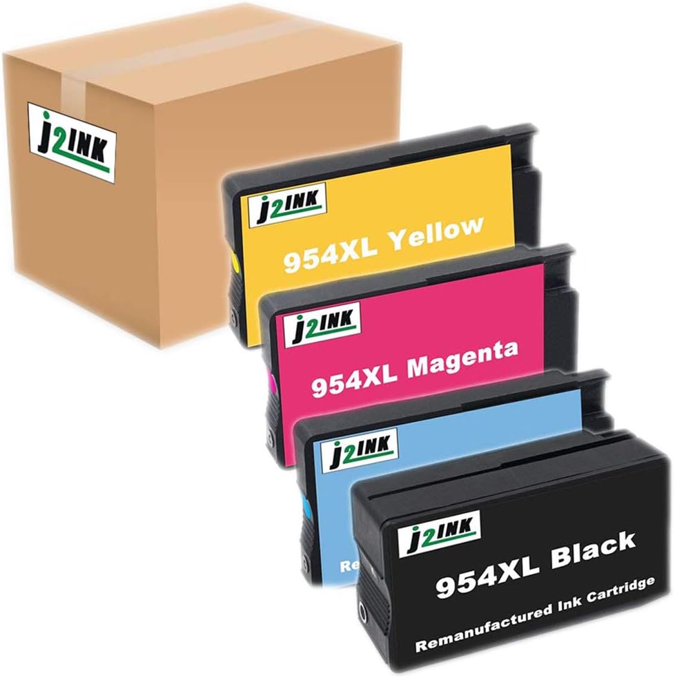 J2INK 4 Pack Remanufactured High Yield Ink Cartridge Replace for 954XL 954 Black & Colors LOS71AL LOS62AL LOS65AL LOS68AL