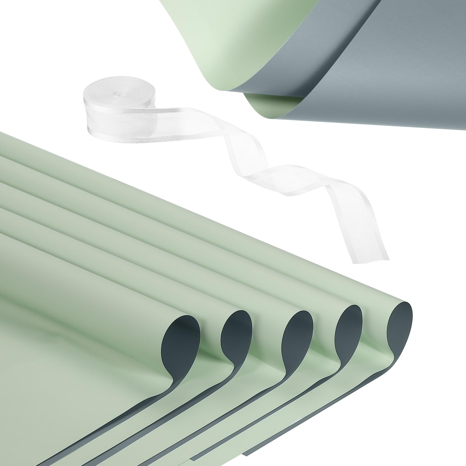 PATIKIL 20 Sheets Flower Wrapping Paper, Waterproof Flower Paper Wraps with Ribbon Floral Bouquet Supplies for DIY Crafts Packaging Bouquet, 22.8x22.8 Inch, Green Gray/Pale Green