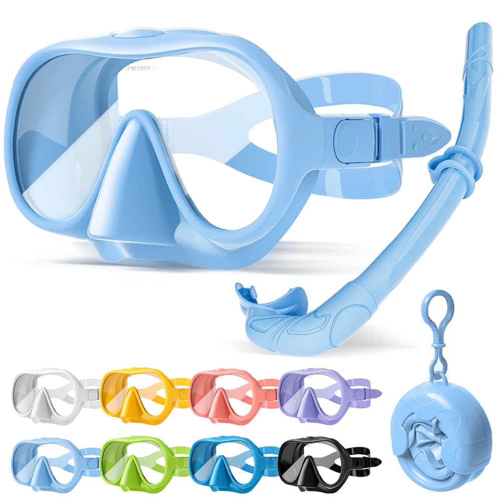 HINATAA Snorkel Set Adults, Fashionable Macaron Colors Frameless Snorkeling Mask, Ultra Wide View Anti-Fog Snorkel Mask Set, Portable Professional Diving Snorkeling Set (Blue)