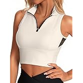 AARYA Cropped Workout Tank Tops for Women Built in Bra Half Zip High Neck Sports Bras Medium Support Sleeveless Athletic Top