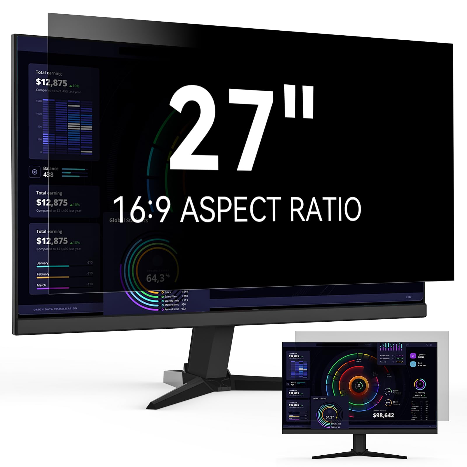 Photo 1 of 27 Inch Privacy Screen for Computer Monitor 16:9 Aspect Ratio, Eye Protection Anti Blue Light Glare Shield, 27in Removable Black Blackout Anti Spy Protector Film Desktop Security Private Filter