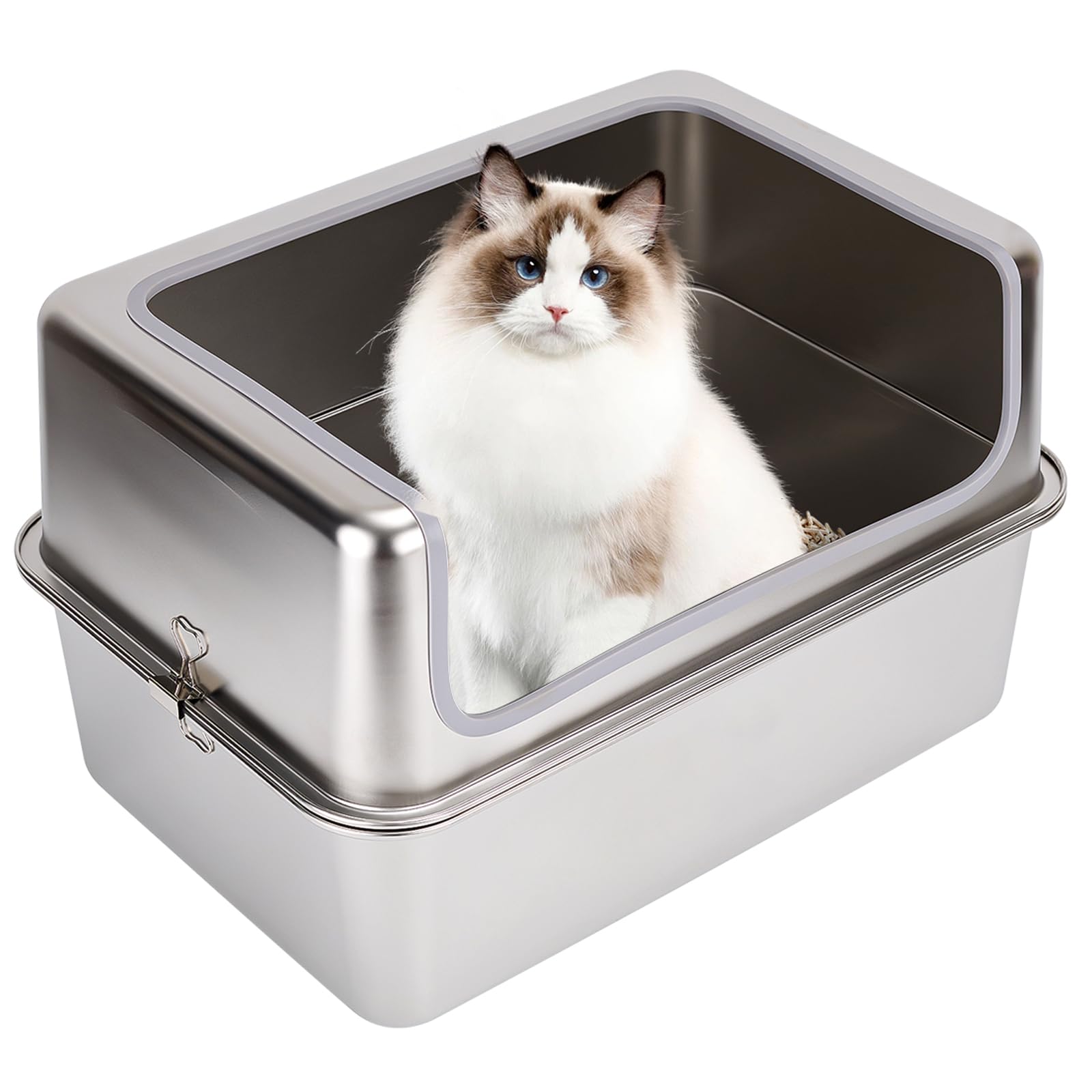 Photo 1 of Amibud Stainless Steel Cat Litter Boxes with Metal Lid, Large Kitty Litter Pan with High Wall Enclosure-Odor Free&Easy to Clean