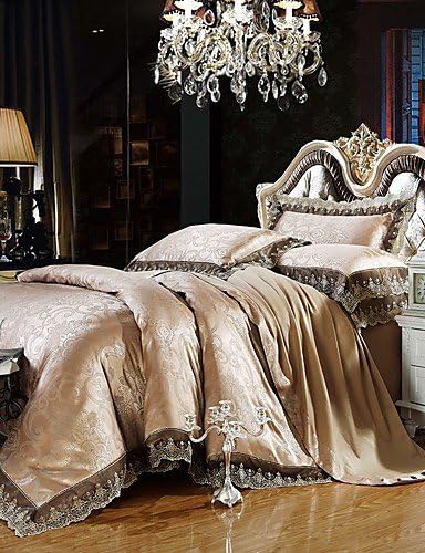 Ui&Ly Gray Gold Bedding Set Queen King Size Luxury Silk Cotton Blend Lace Duvet Cover Sets Jacquard Pattern , queen