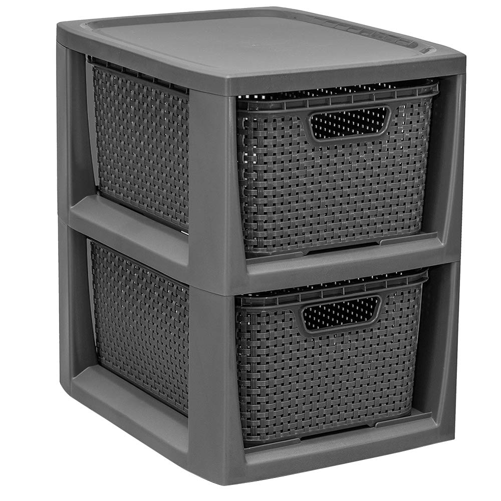 BranQ Home essential, Rattan Design BPA Free Plastic 2 Drawer Storage Unit, Ideal for Home Office, Bedroom and Bathroom Storage, 29.5 x 24 x 32.8 cm (LxWxH) - Anthracite