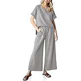 Imily Bela Womens 2 Piece Outfits Short Sleeve V neck Tops and Wide Leg Pants Sets Loungewear Casual Summer Tracksuits