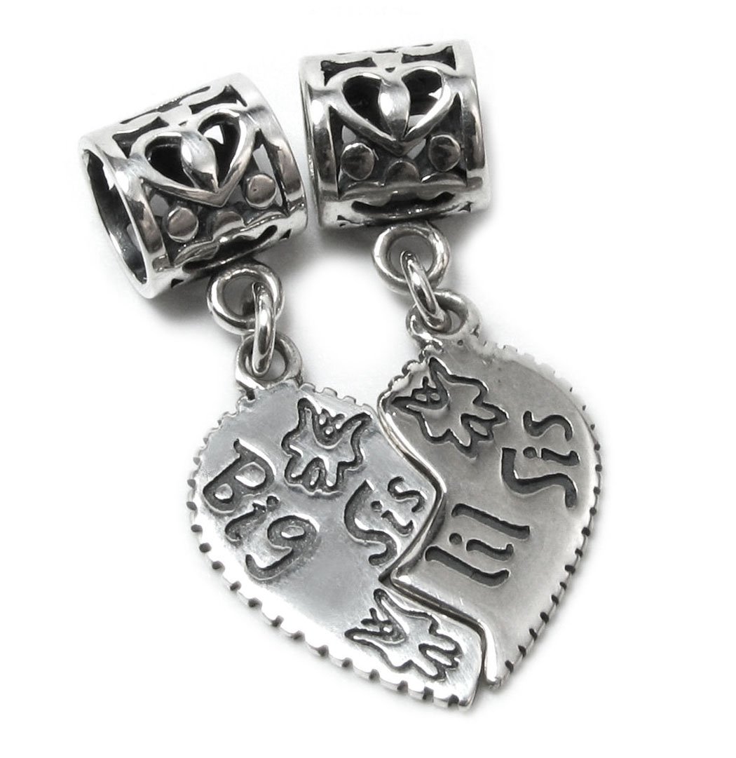 Queenberry Sterling Silver Big Lil/Little Sis Sister Love Heart Pendant Dangle Bead For European Charm Bracelets