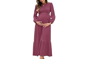 AISWI Women's Maternity Maxi Dress with Belt Long Sleeve Crew Neck Pregnancy Dresses with Pockets Baby Shower Photoshoot
